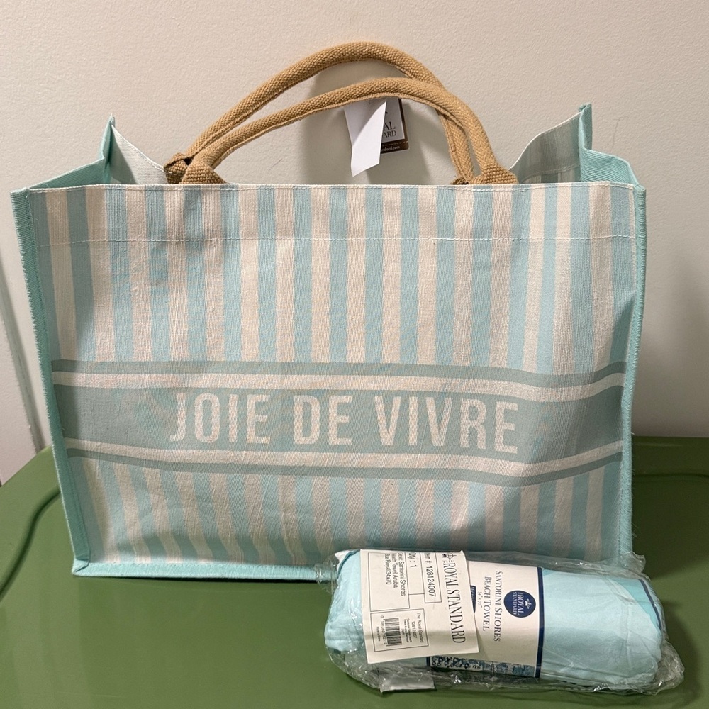 NWT The Royal Standard Joie De Vivre Jute Tote & Beach Towel. Aqua Blue/White.